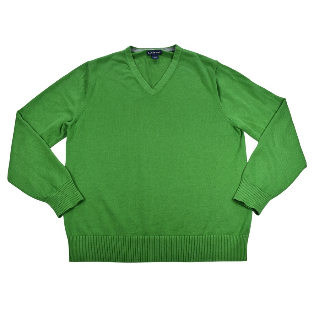 Lands End Mens Green V-Neck Sweater Size Medium 38-40 Long Sleeve Pullover